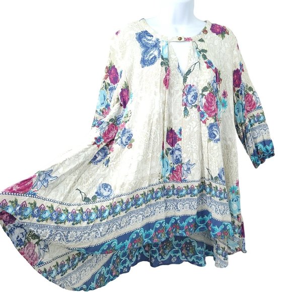 Jodifl Floral Tunic Top Flowy Size S Lightweight 3/4 Sleeve Pockets Peasant Blue - Picture 4 of 14